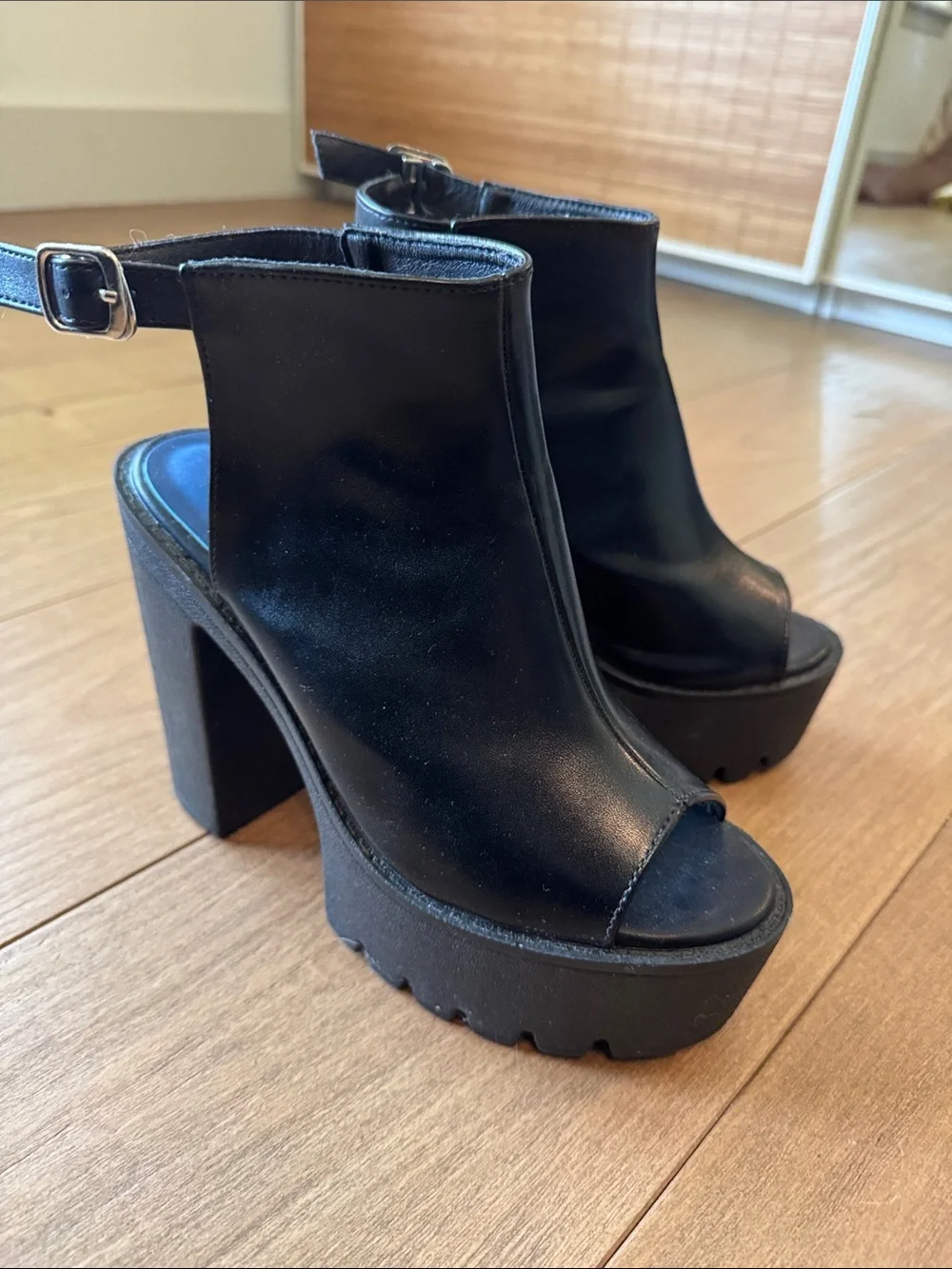 Black Peep-Toe Platform Block Heels with Ankle Strap